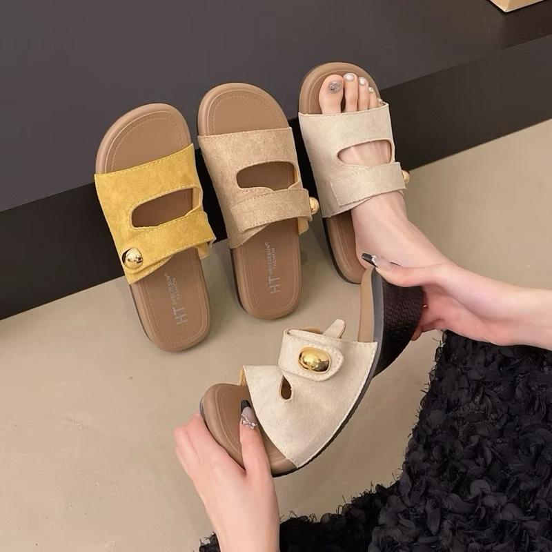 Dép 2 Quai Ngang Da Lộn,Khuy Vàng,Đế 3cm