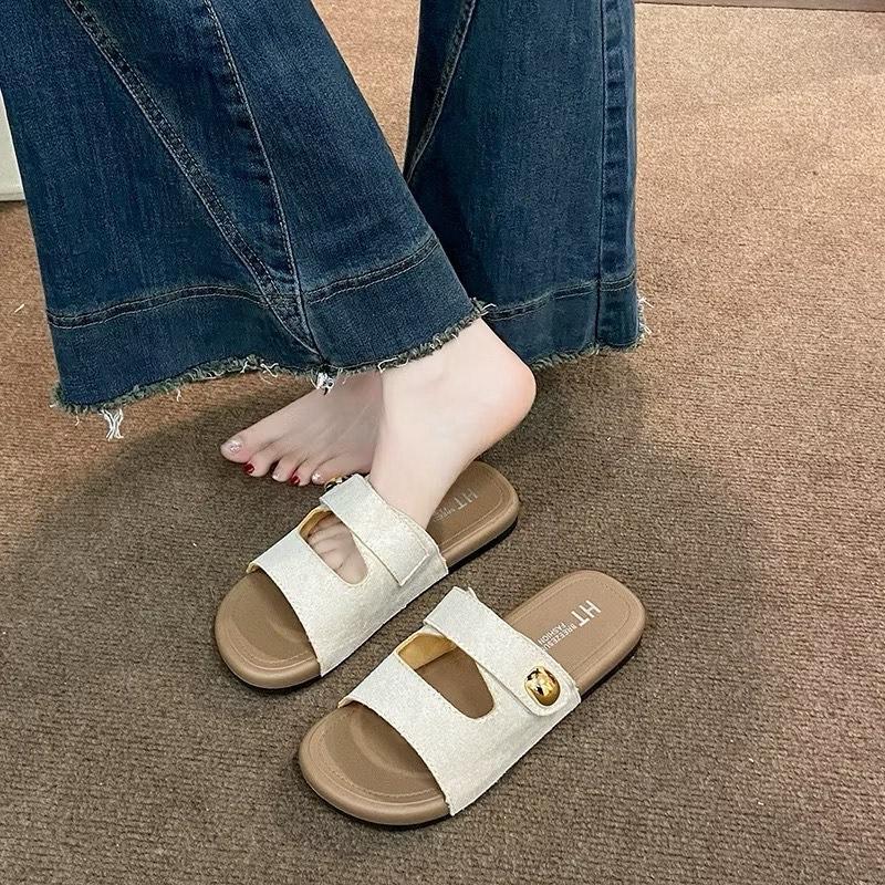 Dép 2 Quai Ngang Da Lộn,Khuy Vàng,Đế 3cm
