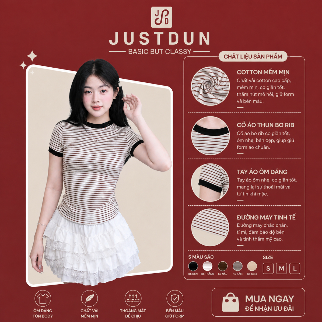 [Hàng Loại 1] Áo Thun Ôm Kẻ Sọc Nữ JUSTDUN K5 - Chất Cotton Mịn, Co Giãn, Tôn Dáng, Thoải Mái