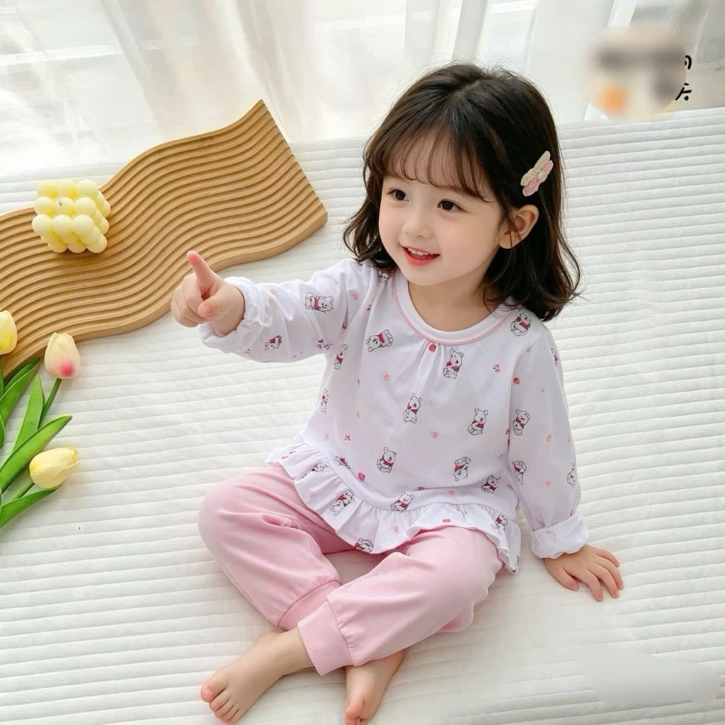 Set bộ quần áo cotton bé gái C6017 in hình gấu cute 2-7 tuổi 2 màu đồ trẻ em mặc thu đông