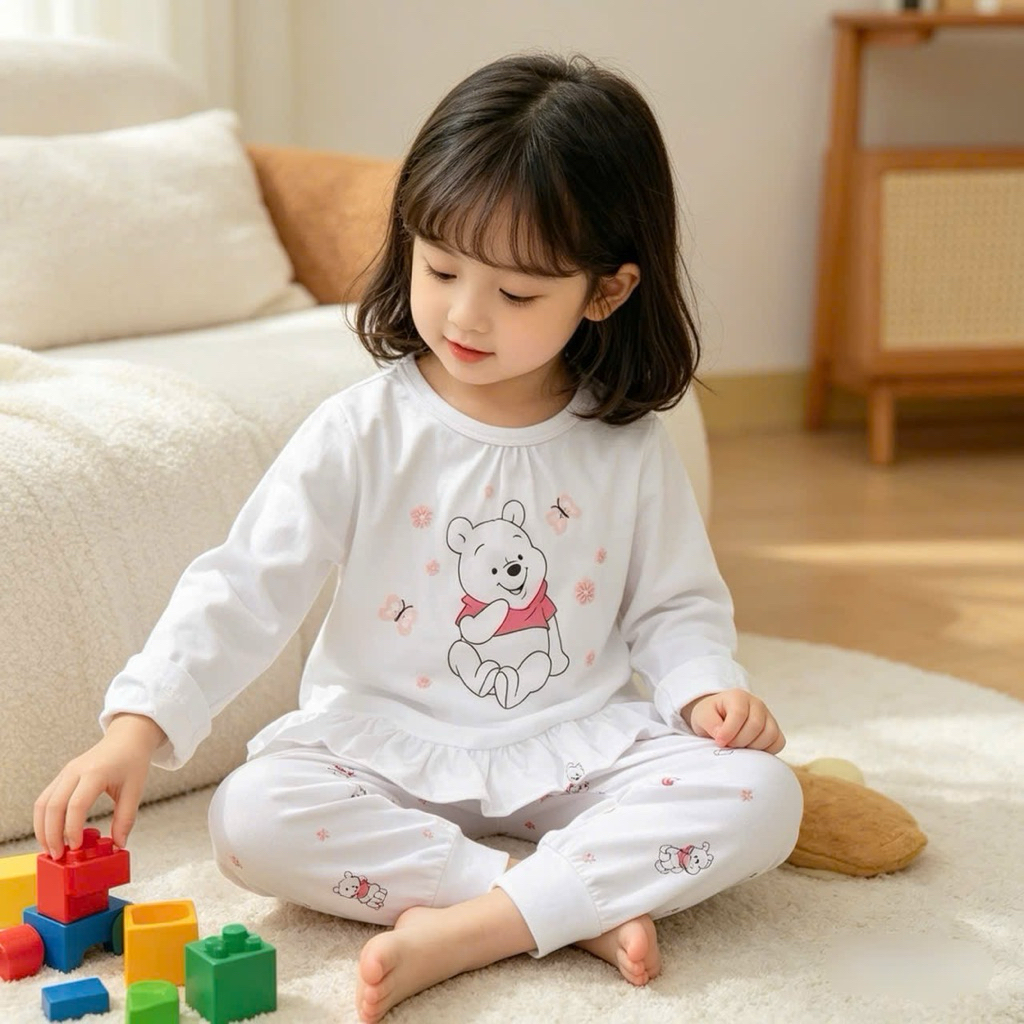 Set bộ quần áo cotton bé gái C6017 in hình gấu cute 2-7 tuổi 2 màu đồ trẻ em mặc thu đông