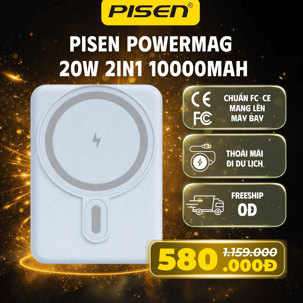 Sạc Dự Phòng PISEN PowerMag 20W 10000mAh Sạc Nhanh Không Dây 2in1 Pin Trâu Nhỏ Gọn Giá Đỡ LS-DY240
