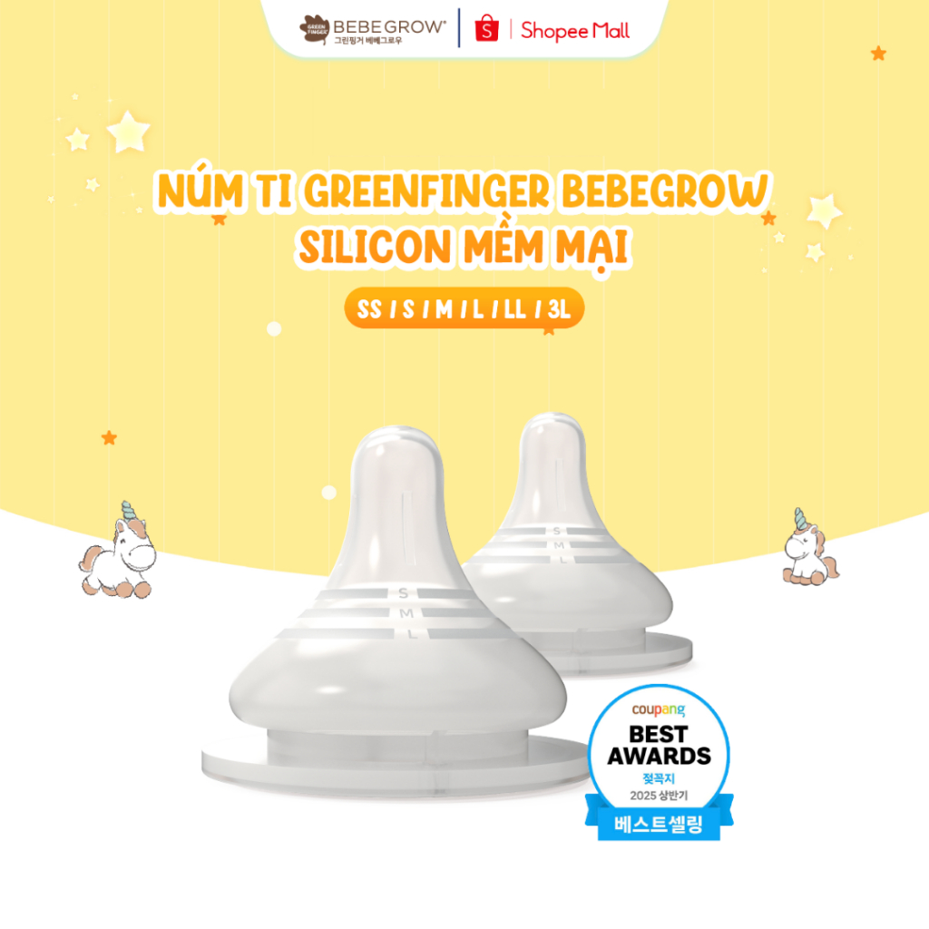 Núm ti Greenfinger Bebegrow Hàn Quốc mềm mại 2 van thoát khí bé bú bình sữa thoải mái SS/S/M/L/LL/3L