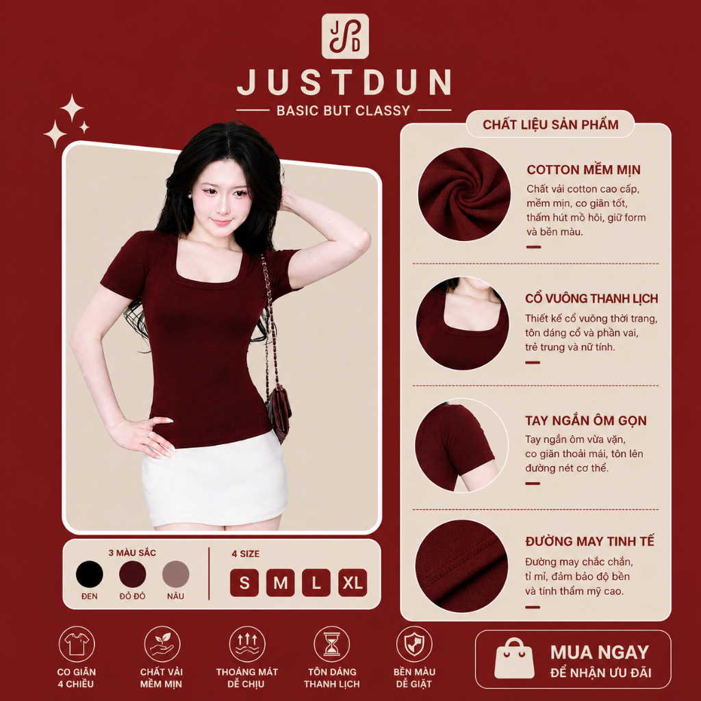 Áo Thun Nữ Ôm Body Cổ Vuông JUSTDUN C11 - Cotton Mịn, Co Giãn, Mềm Mại, Êm Ái, Thoáng Mát