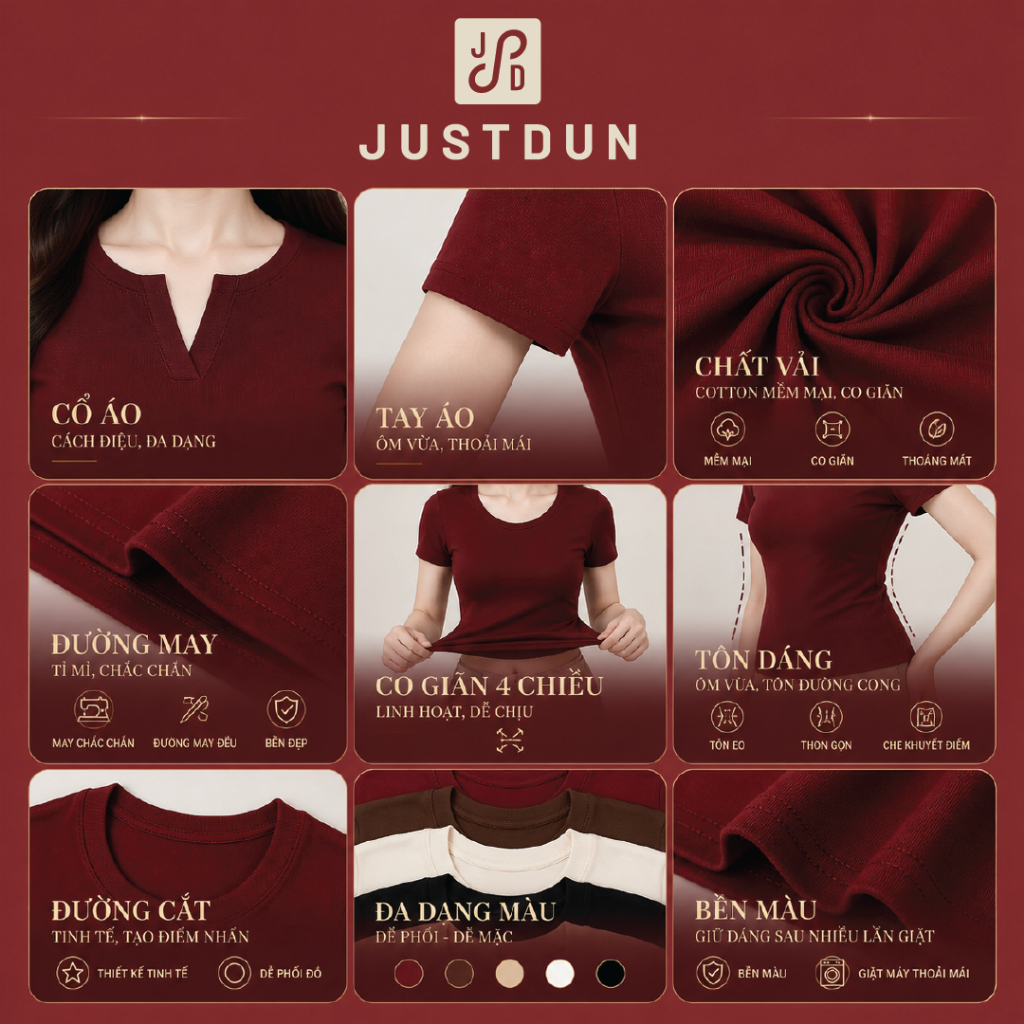 Áo Thun Nữ Ôm Body Cổ Vuông JUSTDUN C11 - Cotton Mịn, Co Giãn, Mềm Mại, Êm Ái, Thoáng Mát