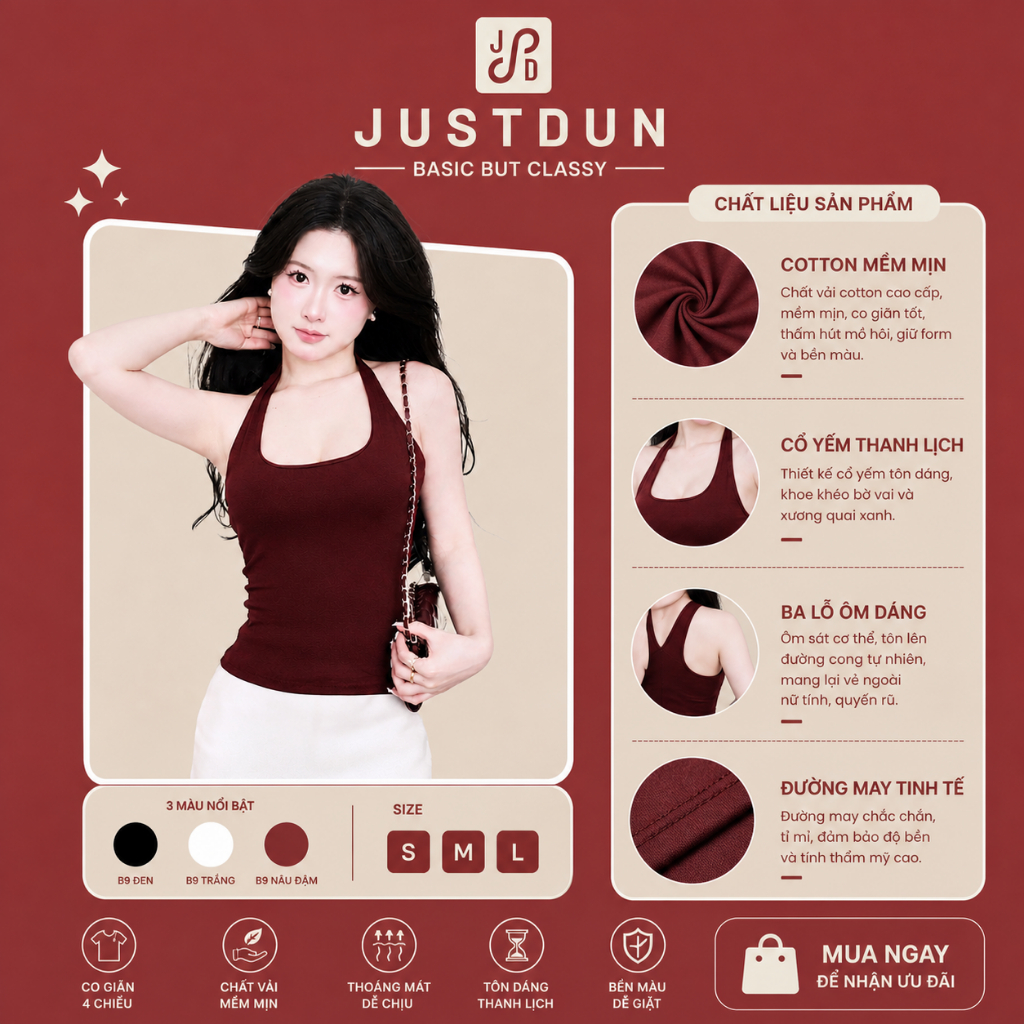 Áo cổ yếm ba lỗ ôm body 2 lớp cotton mịn basic Justdun BL7