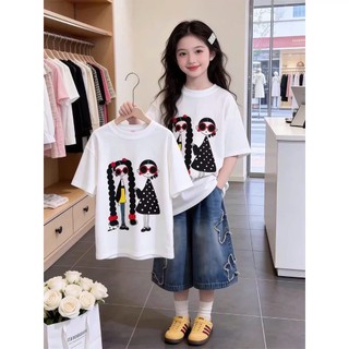Set quần jean ống rộng bé gái phối áo thun in hình thời trang cho bé 20–45kg