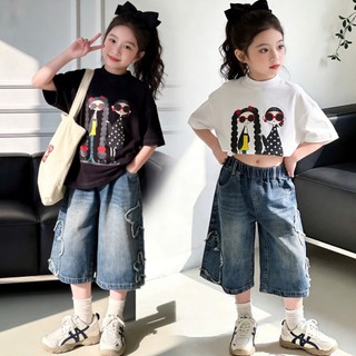 Set quần jean ống rộng bé gái phối áo thun in hình thời trang cho bé 20–45kg