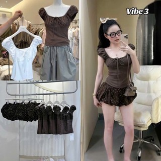 Set Bộ Đồ Nữ Áo Thun Zip Màu Nâu Phối Cổ Vai Tay Thô Ren Boi Dây Nơ Mix Quần Bí Chấm Bi