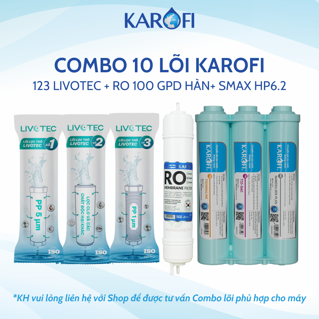 Bộ 10 lõi lọc nước Karofi chính hãng gồm bộ lọc thô 123 Livotec, RO 100GPD Hàn và bộ Smax HP6.2