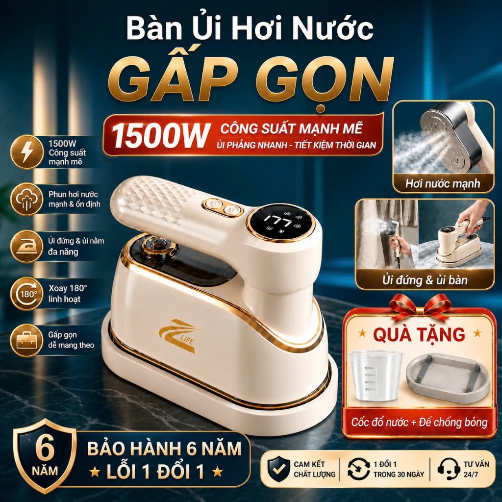 Bàn ủi hơi nước cầm tay Zlife chính hãng, Bàn là hơi nước mini công suất lớn 1500w gấp gọn 180°