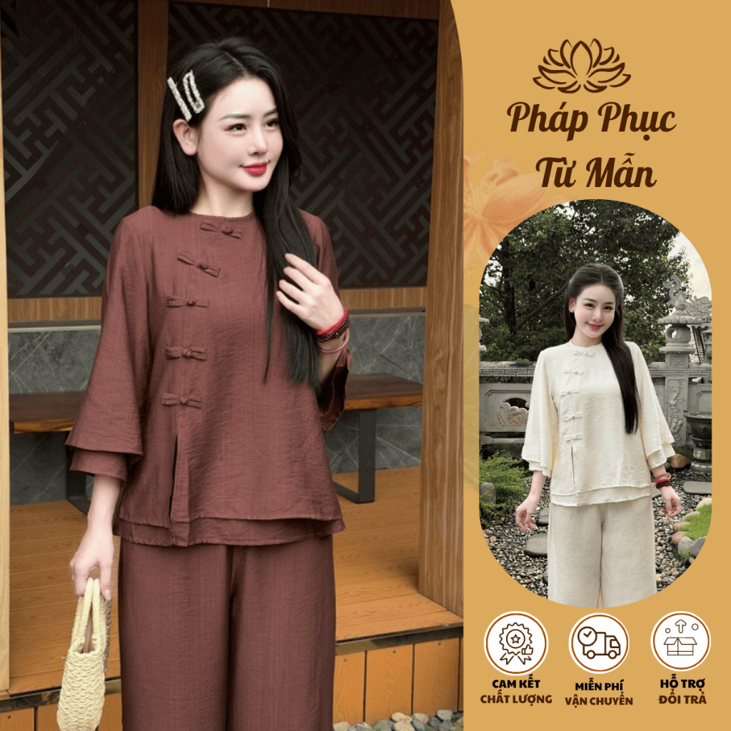 Pháp phục đi chùa cổ tròn đũi tơ 2 lớp mềm mịn Bộ đồ lam đi lễ tay lỡ mặc tu tập