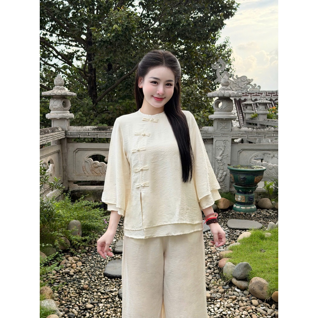 Pháp phục đi chùa cổ tròn đũi tơ 2 lớp mềm mịn Bộ đồ lam đi lễ tay lỡ mặc tu tập