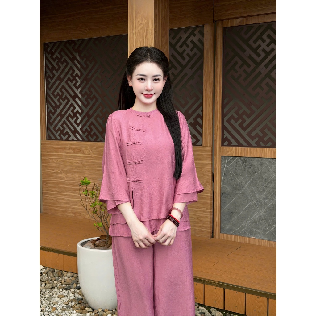 Pháp phục đi chùa cổ tròn đũi tơ 2 lớp mềm mịn Bộ đồ lam đi lễ tay lỡ mặc tu tập