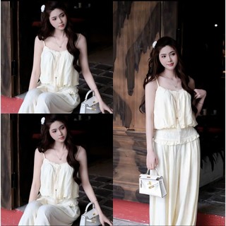 Set Bộ Đồ Nữ Đũi Mềm Màu Kem Áo 2 Dây Phối Viền Ren NGực Chun Gấu Mix Quần Dài Boom Gấu Cạp Ren