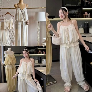 Set Bộ Đồ Nữ Đũi Mềm Màu Kem Áo 2 Dây Phối Viền Ren NGực Chun Gấu Mix Quần Dài Boom Gấu Cạp Ren
