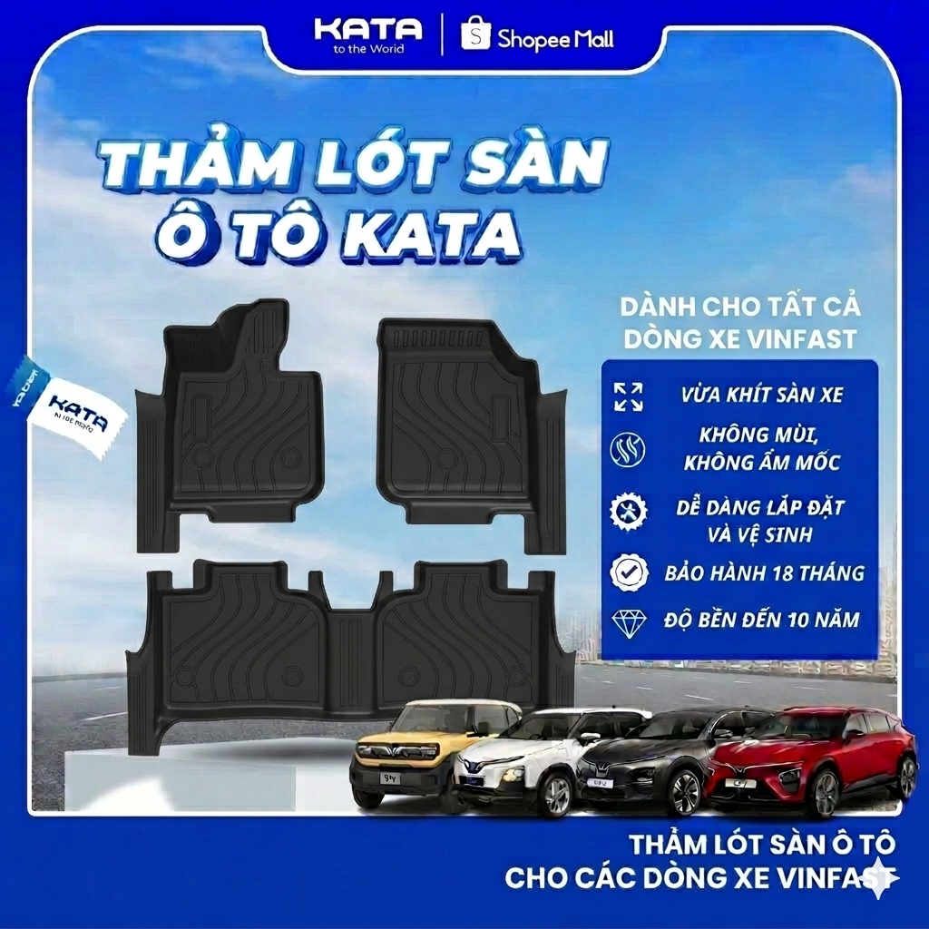 Thảm khay khuôn đúc ô tô KATA dành cho các dòng xe Vinfast, chất liệu nhựa kĩ thuật cao, cố định chắc chắn, bảo hành 12T