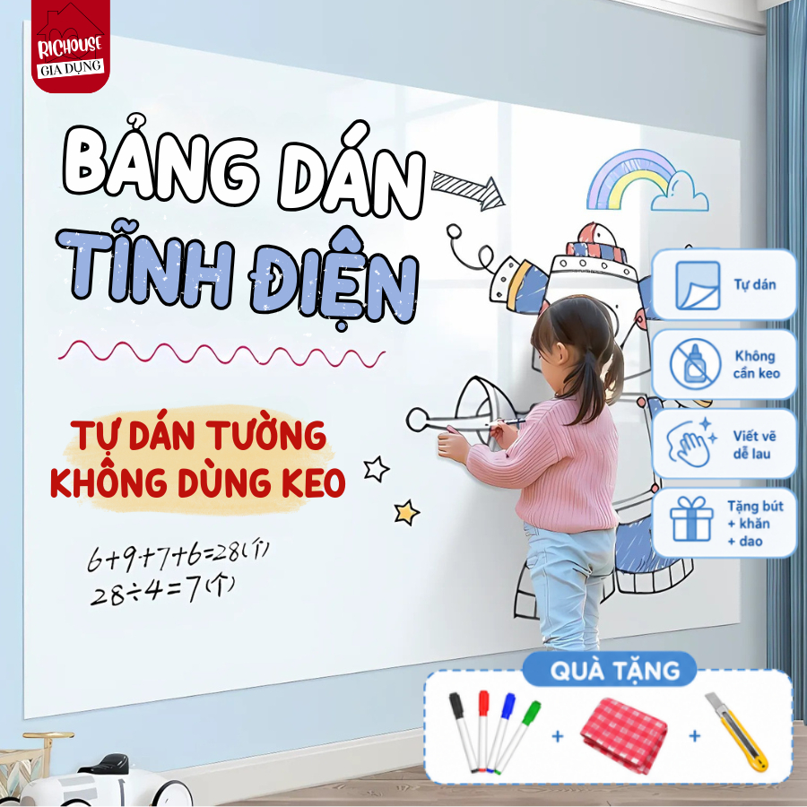 [HÀNG LOẠI 1] Bảng Trắng Dán Tường Tự Dán Không Hại Tường, Bảng Viết Bút Lông Không Dùng Keo