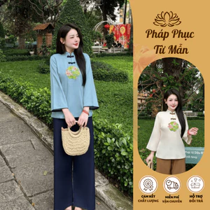 Bộ đi chùa cổ tàu thêu hoa vải đũi thái Pháp phục lễ chùa dài tay dáng xuông đũi mềm mịn