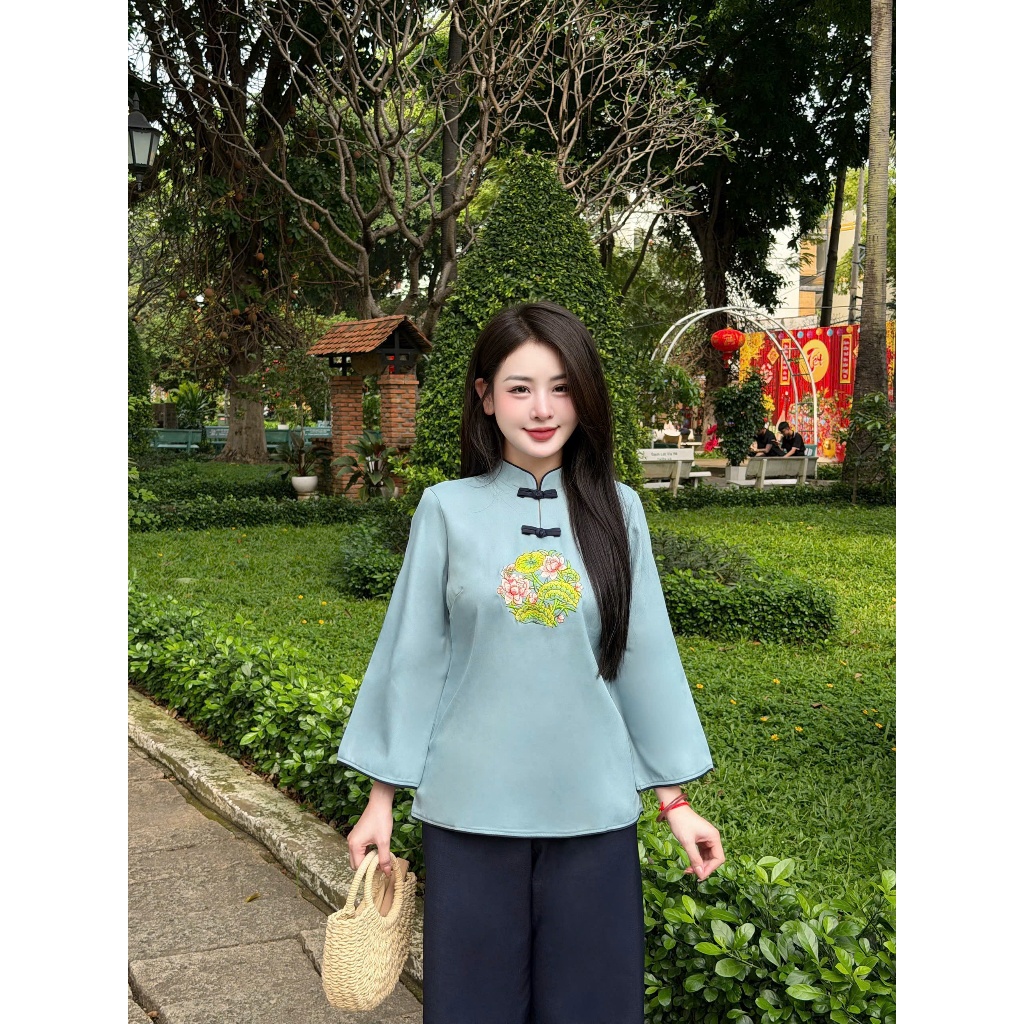 Bộ đi chùa cổ tàu thêu hoa vải đũi thái Pháp phục lễ chùa dài tay dáng xuông đũi mềm mịn
