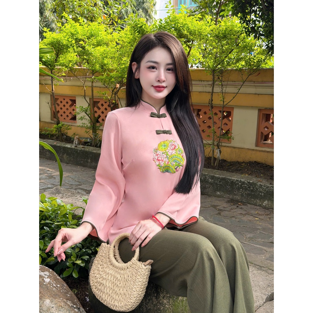 Bộ đi chùa cổ tàu thêu hoa vải đũi thái Pháp phục lễ chùa dài tay dáng xuông đũi mềm mịn