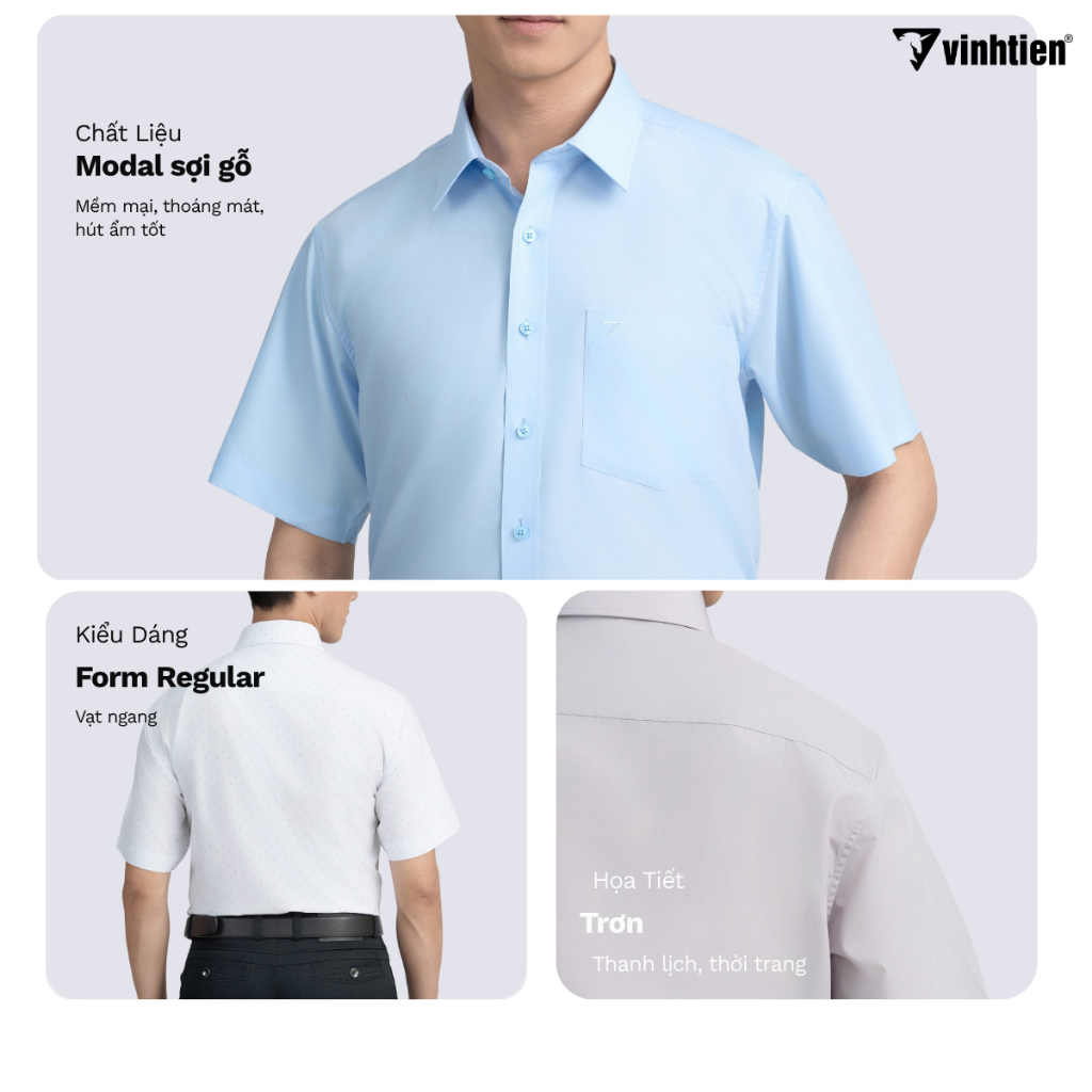 Áo Sơ Mi Nam Ngắn Tay Trơn Màu Vạt Ngang Form Regular Vĩnh Tiến 365 - Nhiều Màu