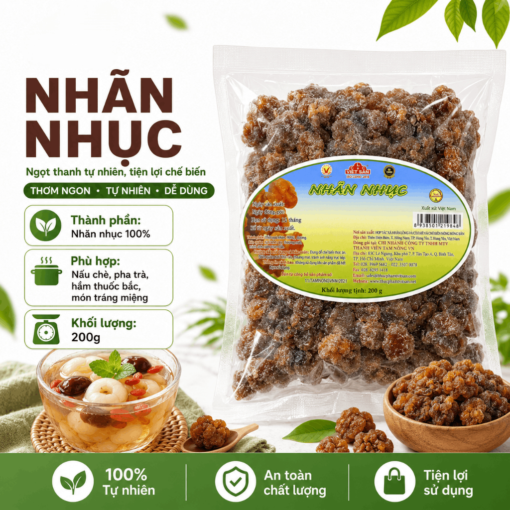 Nhãn Nhục Đen Việt San 200g - Long Nhãn Khô Nấu Chè Nấu Sâm Bổ Lượng Pha Nước Mát Thanh Nhiệt