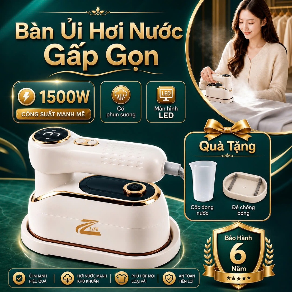 Bàn ủi hơi nước cầm tay Zlife gấp gọn tiện lợi 180°, Bàn là du lịch 1500W Bình chứa nước lớn 160ml