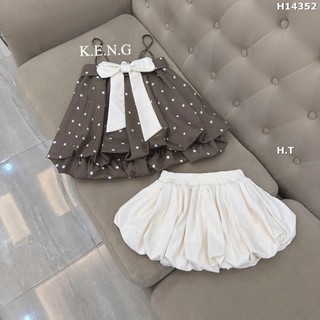 Set Bộ Đồ Nữ Áo 2 Dây Chấm Bi Phồng 2 Lớp Đính Nơ Nổi Mix Chân Váy Bí Phồng