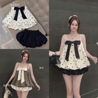 Set Bộ Đồ Nữ Áo 2 Dây Chấm Bi Phồng 2 Lớp Đính Nơ Nổi Mix Chân Váy Bí Phồng