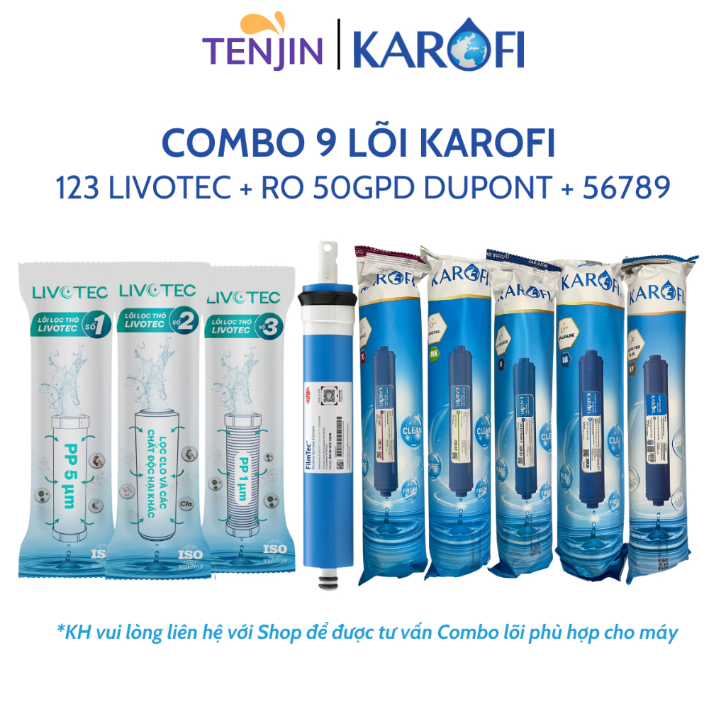 Combo 9 Lõi Lọc Nước Karofi Gồm Lõi 123 Smax Duo - Màng RO Dupont 50GPD - Lõi Chức Năng T33 Mineral Far ORP Nano