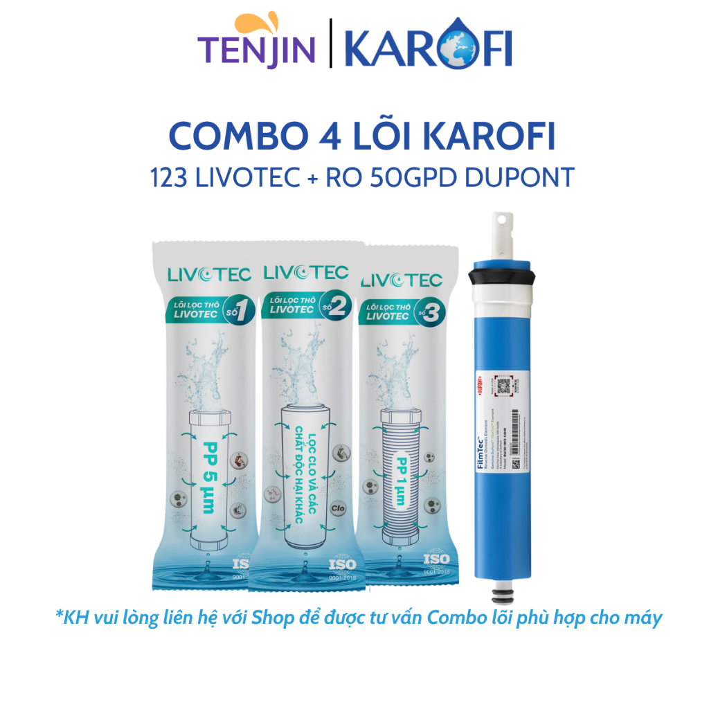 Combo 4 Lõi Lọc Karofi Gồm 123 Smax Duo Và Màng RO 50GPD Dupont Dành Cho Máy Sử Dụng 3 Cốc Lọc 10Inch Và Vỏ Màng RO