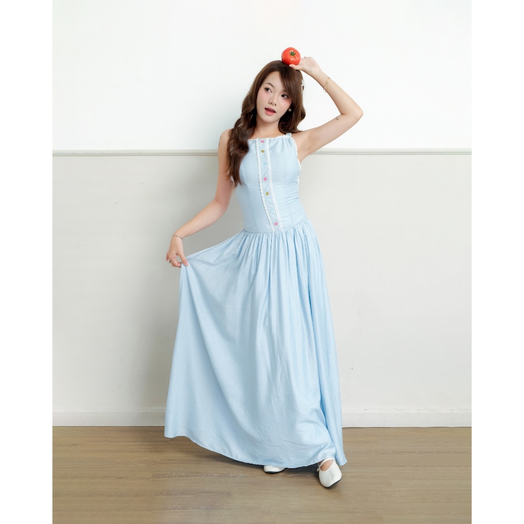 Đầm Nữ Dài TROFFY DRESS Hai Dây Dáng Xòe Phối Nút Màu Sắc Dễ Thương SECODEE