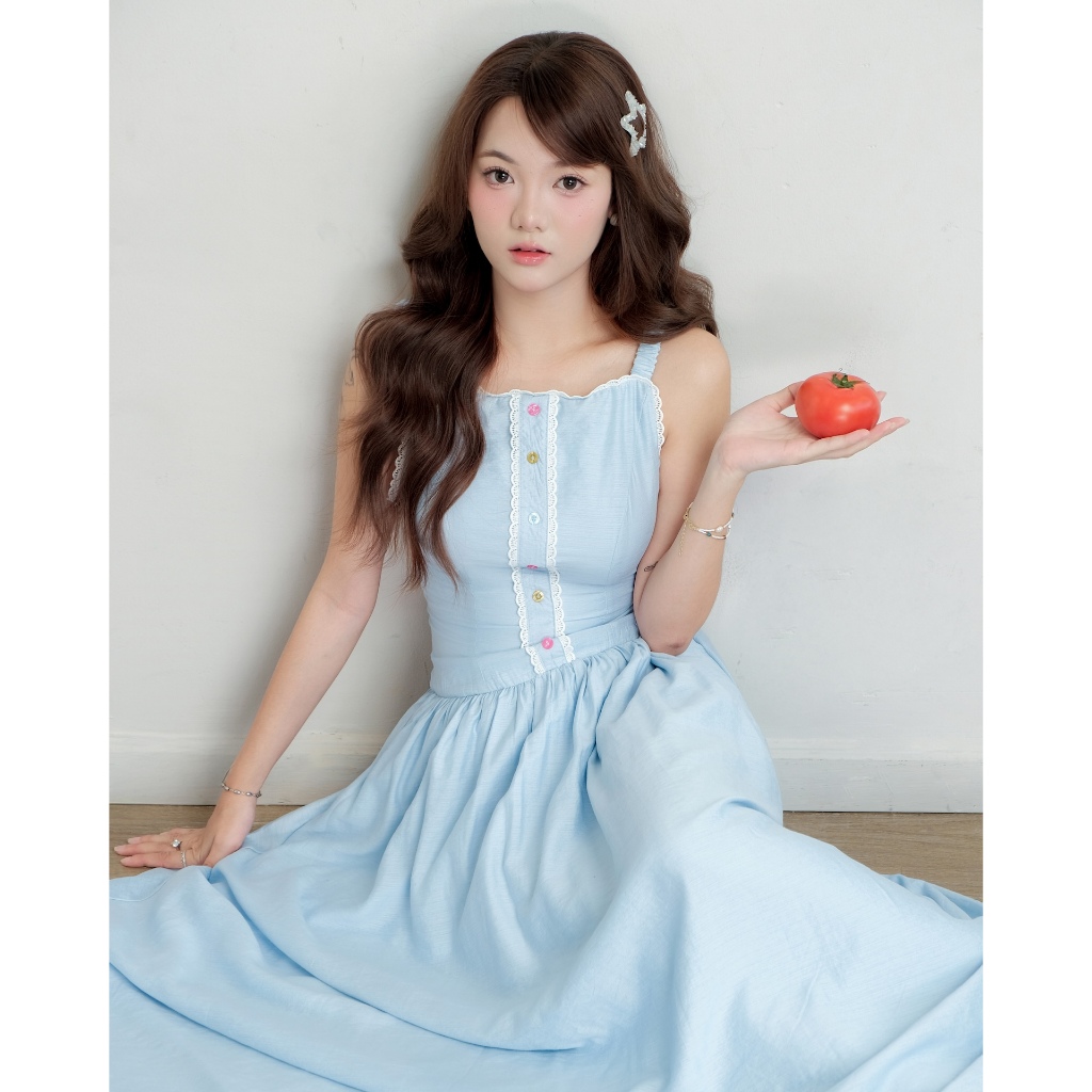 Đầm Nữ Dài TROFFY DRESS Hai Dây Dáng Xòe Phối Nút Màu Sắc Dễ Thương SECODEE