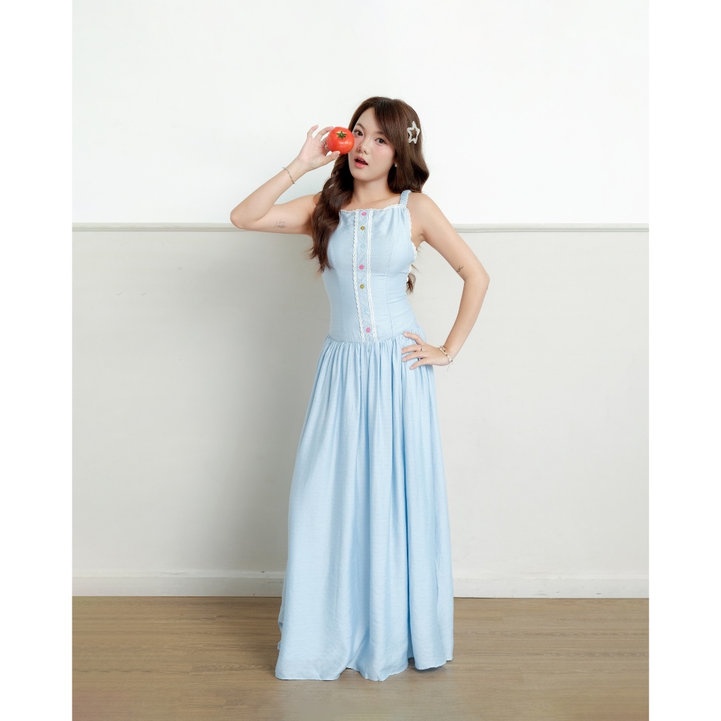Đầm Nữ Dài TROFFY DRESS Hai Dây Dáng Xòe Phối Nút Màu Sắc Dễ Thương SECODEE