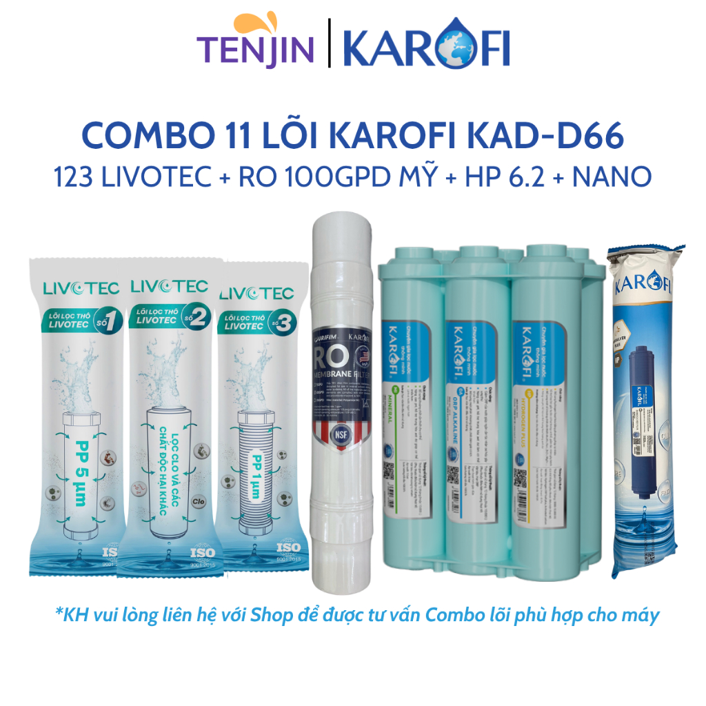 Bộ 11 Lõi Lọc Nước Karofi Sử Dụng 123 LIVOTEC, Màng RO 100GPD Purifim Mỹ, Bộ Smax HP 6.2 Và Nano Silver Plus KAD-D66