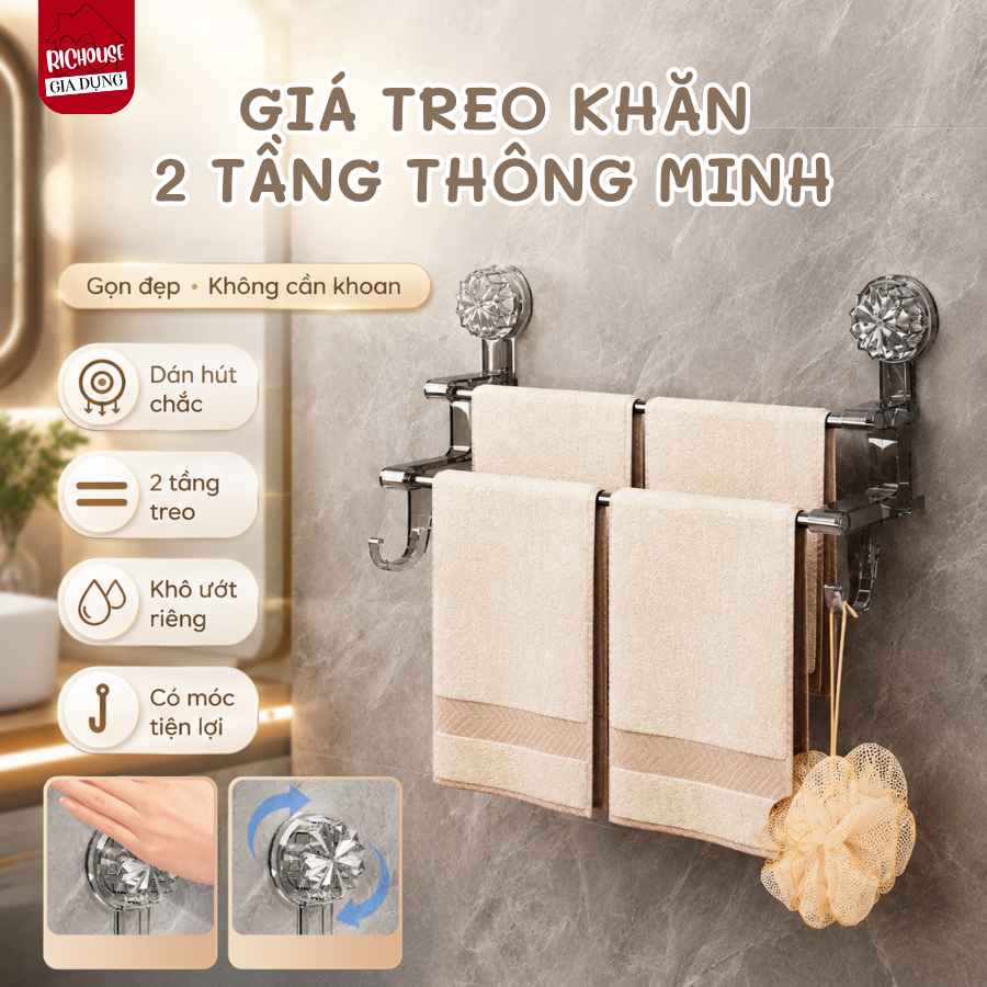 Giá Treo Khăn Mặt Nhà Tắm 2 Tầng Miếng Hút Dán Tường Không Khoan Đục, Thanh Treo Dép, Phơi Đồ