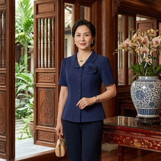 Áo Vest Nữ Trung Niên Cao Cấp – Áo Kiểu Tay Ngắn Thiết Kế Đính Hoa Sang Trọng, Form Tôn Dáng - Anh Thư Shop (AT44)