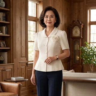 Áo Vest Nữ Trung Niên Cao Cấp – Áo Kiểu Tay Ngắn Thiết Kế Đính Hoa Sang Trọng, Form Tôn Dáng - Anh Thư Shop (AT44)