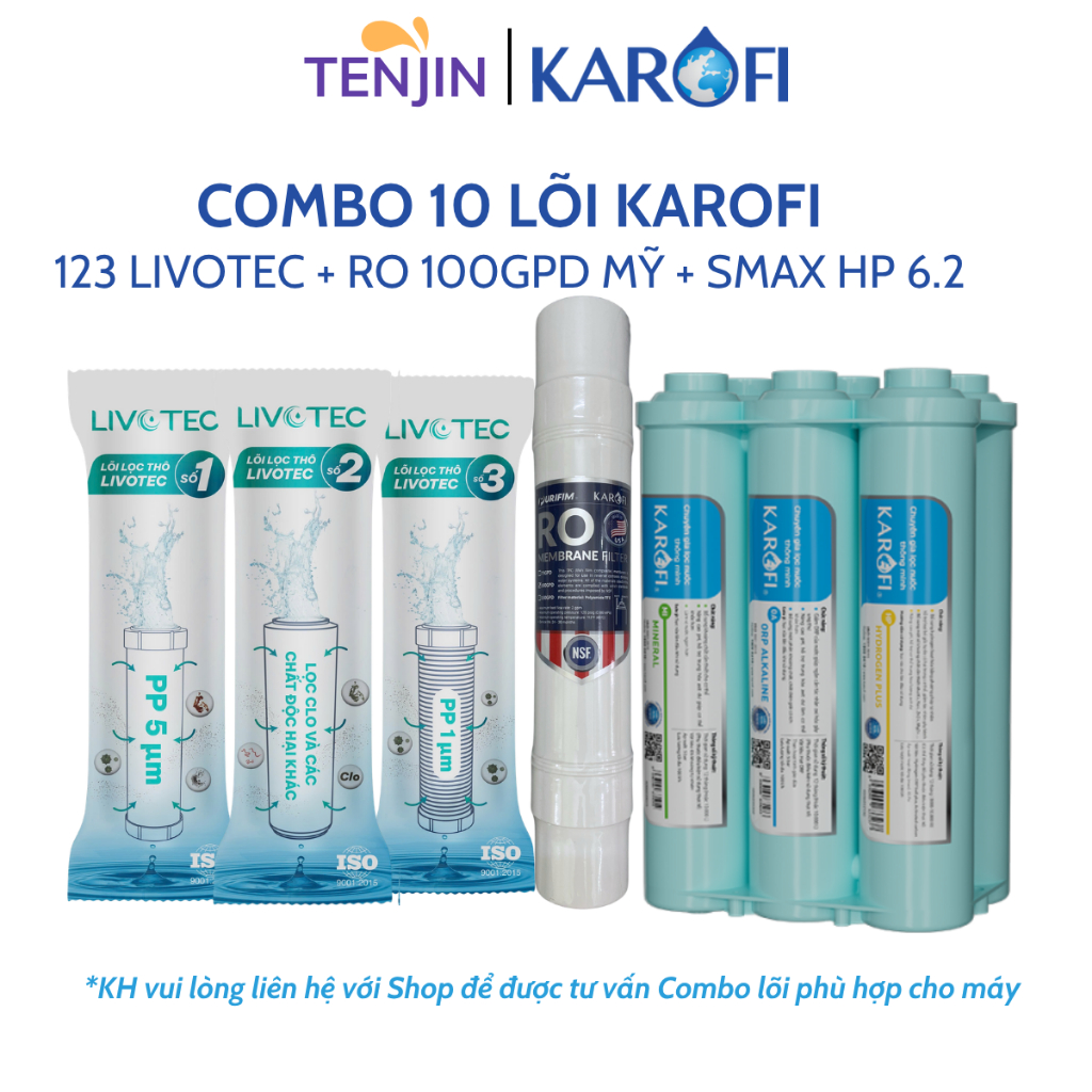 Combo 10 Lõi Lọc Nước Karofi Dùng Màng RO 100GPD Purifim Mỹ,Bộ Hiệu Suất Cao Smax HP 6.2 Model KAD-X39, KAD-C55, KAD-M28