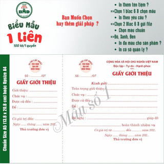 Giấy Giới Thiệu 1 liên-Bloc 2 (in sẵn) & Bloc 6 (chọn mẫu in tên) hoặc theo thiết kế