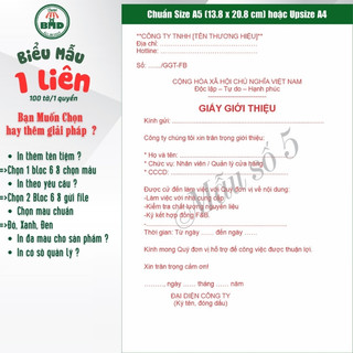 Giấy Giới Thiệu 1 liên-Bloc 2 (in sẵn) & Bloc 6 (chọn mẫu in tên) hoặc theo thiết kế