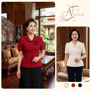 Áo Vest Nữ Trung Niên Cao Cấp – Áo Kiểu Tay Ngắn Thiết Kế Đính Hoa Sang Trọng, Form Tôn Dáng - Anh Thư Shop (AT44)