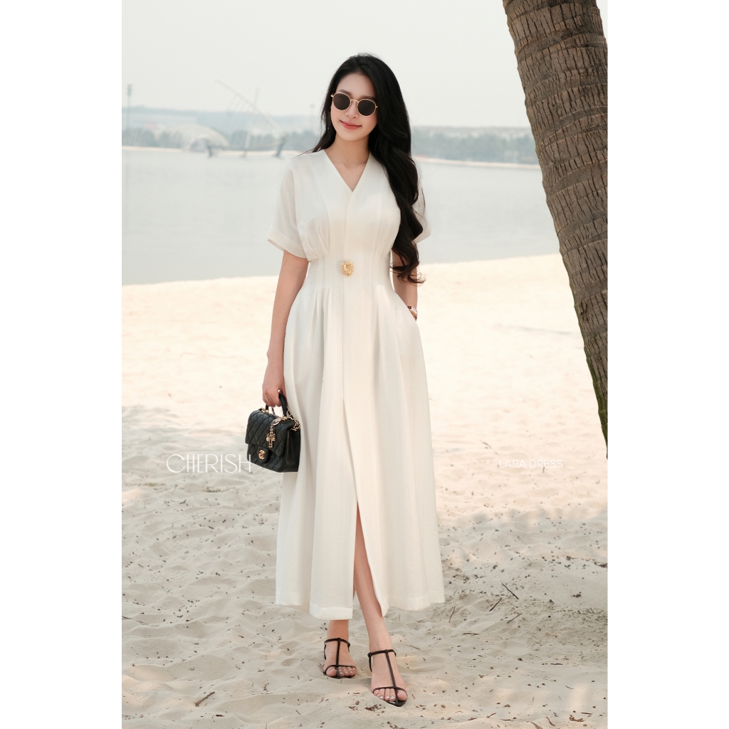 CHERISH – Váy linen LARA Đính Hoa Kim Loại, Váy Maxi Nữ Thanh Lịch Tối Giản