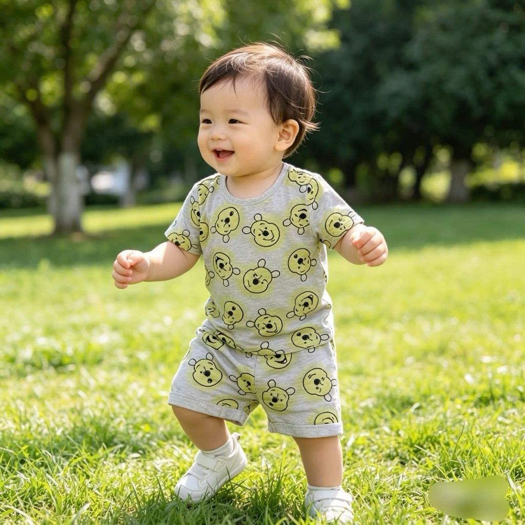 Set 3 chi tiết bé trai sơ sinh (2 áo + 1 quần) C6253 xuất dư họa tiết gấu mặc hè size NB-6m (2-6kg)