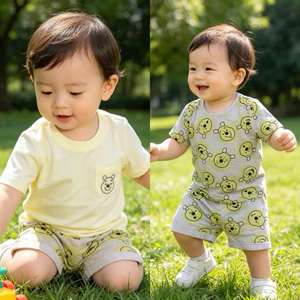 Set 3 chi tiết bé trai sơ sinh (2 áo + 1 quần) C6253 xuất dư họa tiết gấu mặc hè size NB-6m (2-6kg)