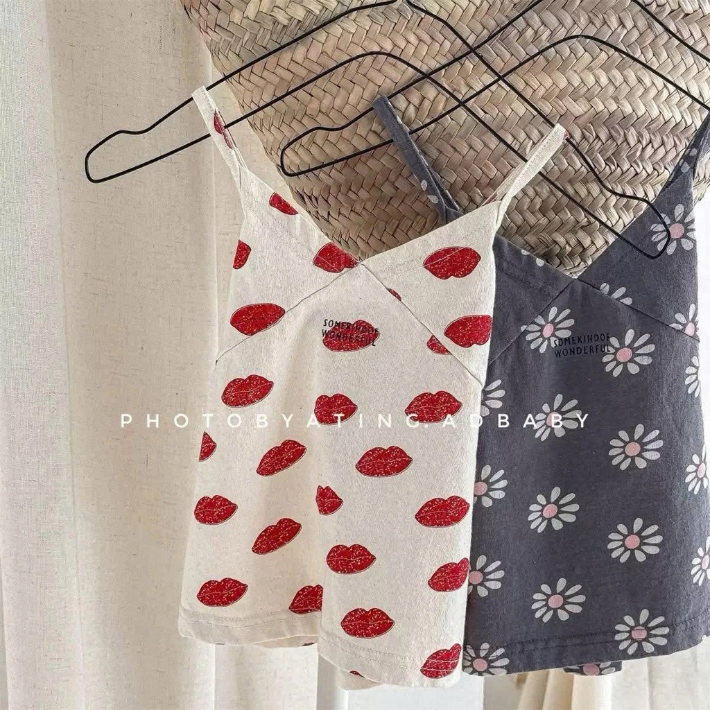 (Order) Bộ quần áo 2 dây hở lưng kèm quần chất gió nhăn mát mẻ ống xuông mùa hè cho bé gái