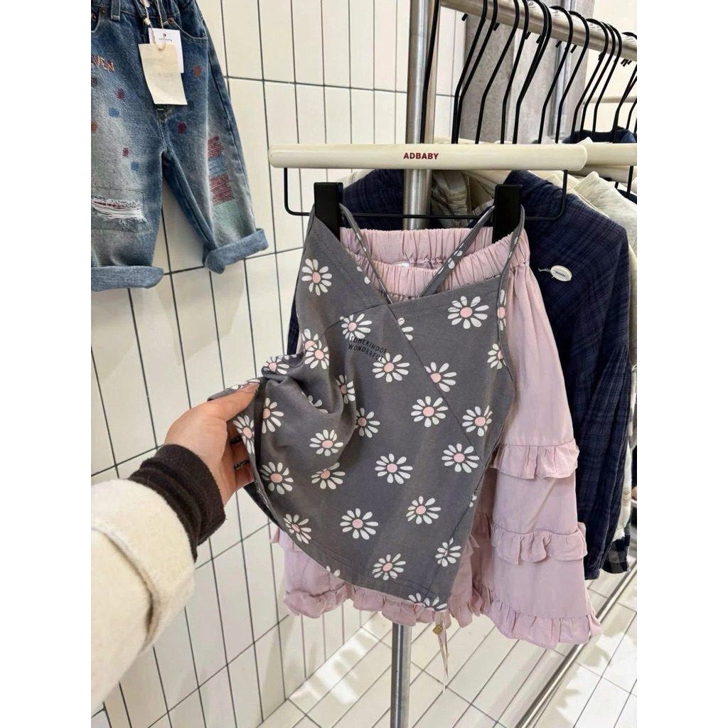 (Order) Bộ quần áo 2 dây hở lưng kèm quần chất gió nhăn mát mẻ ống xuông mùa hè cho bé gái