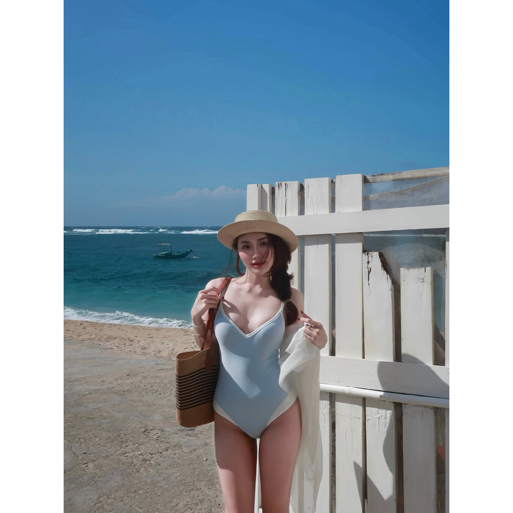 MOONA STUDIO | HOẢ TỐC HN |Bikini Liền Thân Xanh Trời Viền Trắng  - Ôm Body Tôn Dáng Đi Biển