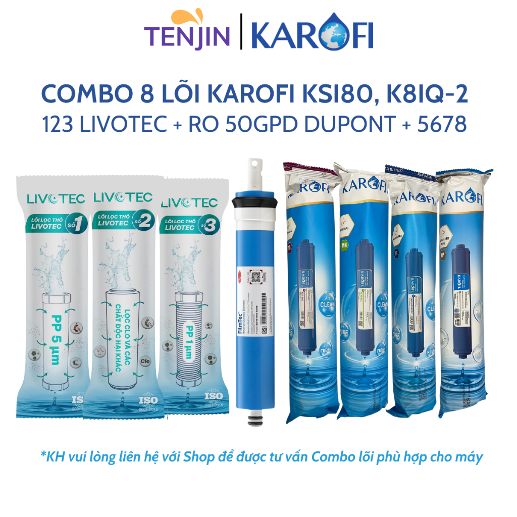 Combo 8 Lõi Lọc Nước Karofi Gồm Lõi 123 Smax Duo - Màng RO Dupont 50GPD - Lõi Chức Năng T33 Mineral Far Nano Model KSI80